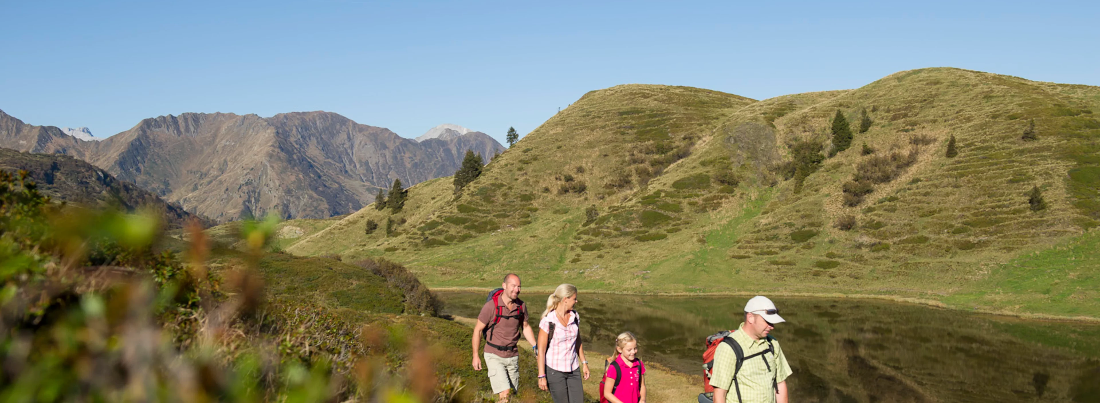 A family of four hikes through a lush green mountainous landscape under a clear blue sky, conveying a sense of adventure and tranquility.