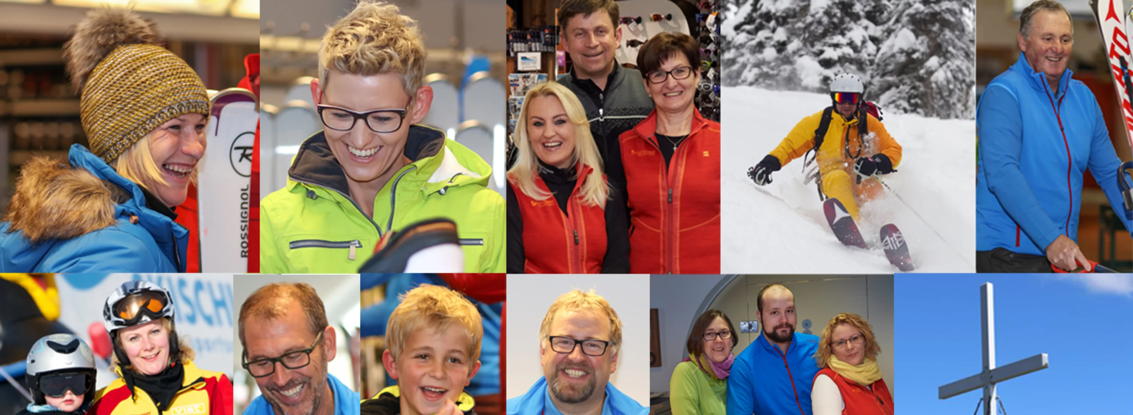 Collage of people in winter attire; some pose with ski gear, while others smile warmly. Scenes of skiing and a mountain cross add a joyful, adventurous tone.