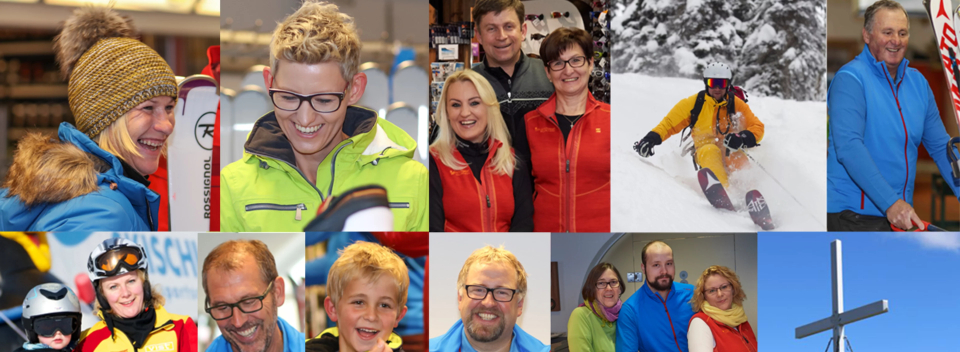 Collage of people in winter attire; some pose with ski gear, while others smile warmly. Scenes of skiing and a mountain cross add a joyful, adventurous tone.