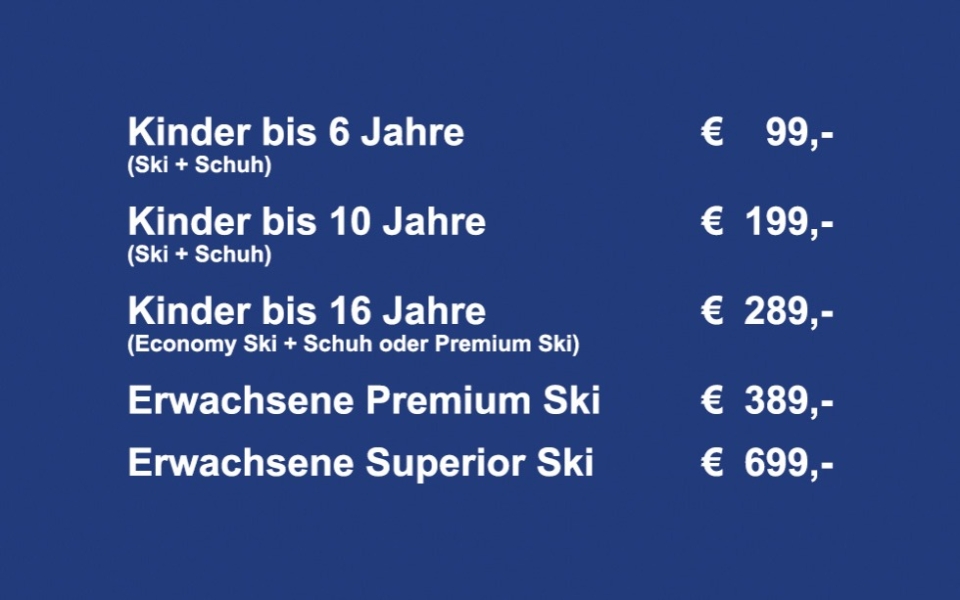 Intersport Rent advertisement in German featuring ski rental prices and services. Includes contact info, locations, and a skier silhouette graphic against a snowy mountain backdrop.