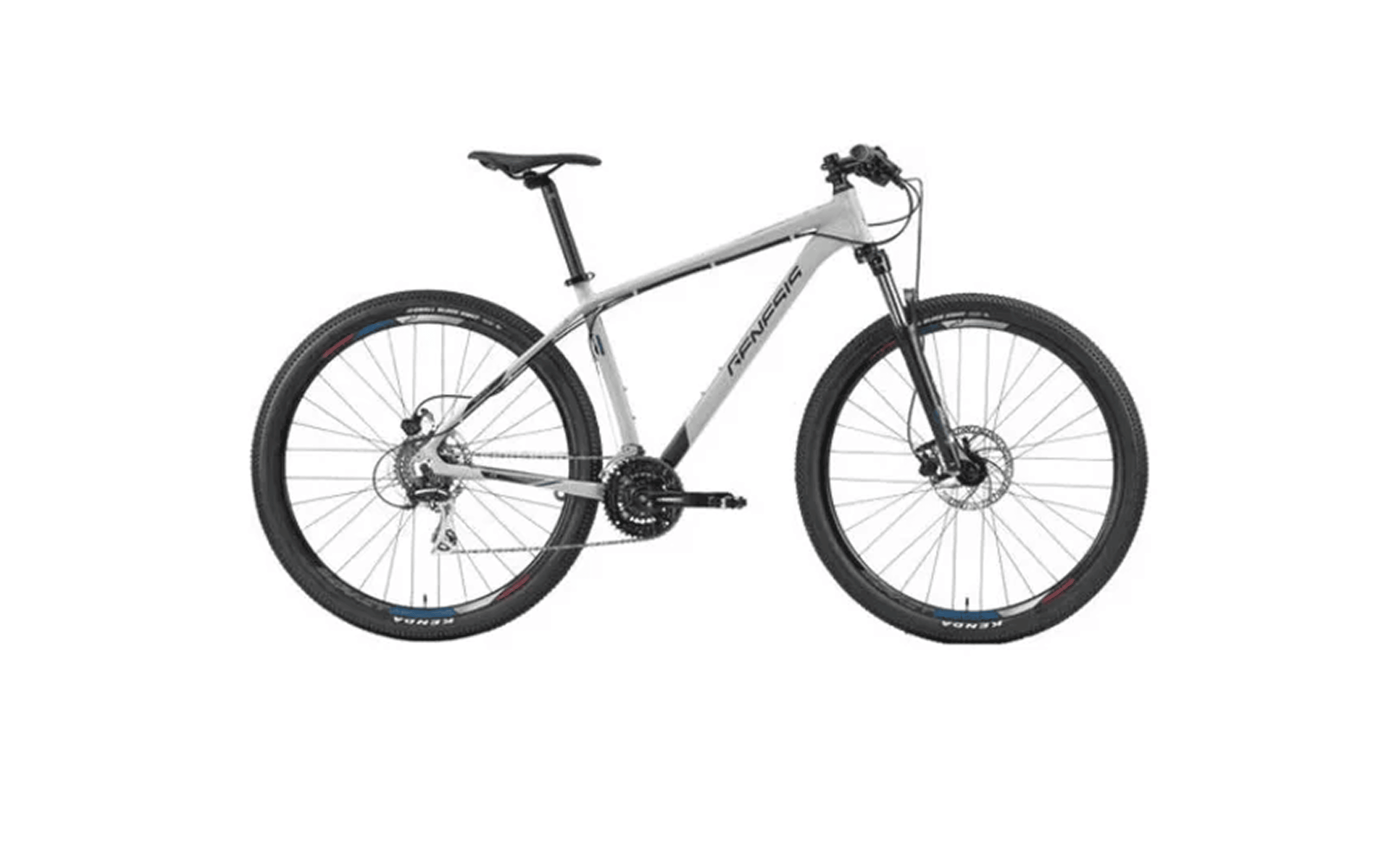 A sleek, white mountain bike with black accents is displayed on a plain background. It features a sturdy frame, thick tires, and a front suspension fork.