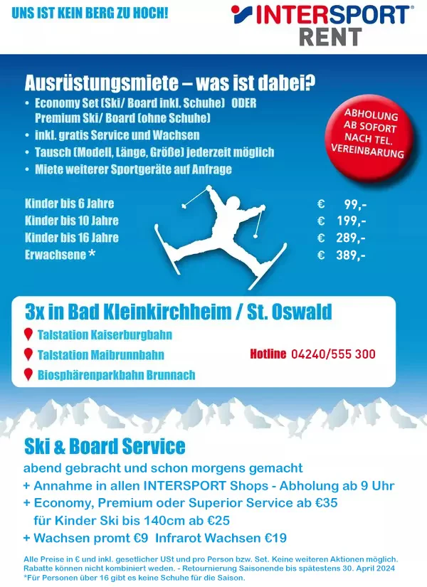 Intersport Rent advertisement in German featuring ski rental prices and services. Includes contact info, locations, and a skier silhouette graphic against a snowy mountain backdrop.