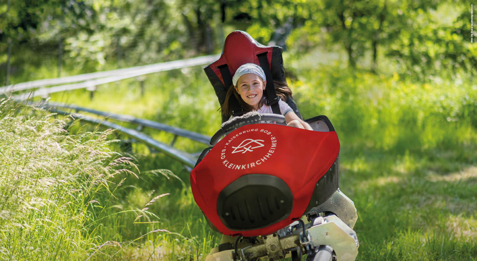 A person smiling while riding a red alpine coaster through lush green scenery, conveying excitement and adventure. Sunlight filters through the trees.