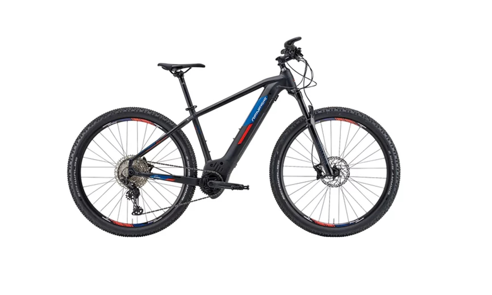 A sleek black electric mountain bike with red and blue accents on the frame and wheels, equipped with disc brakes and rugged tires for off-road terrains.