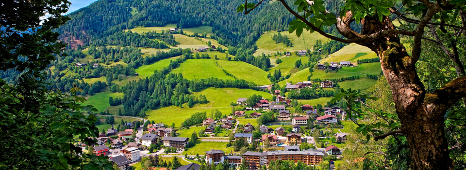 Scenic view of a quaint village with cottages nestled in rolling green hills and dense forests, under a clear blue sky, conveying tranquility and harmony.