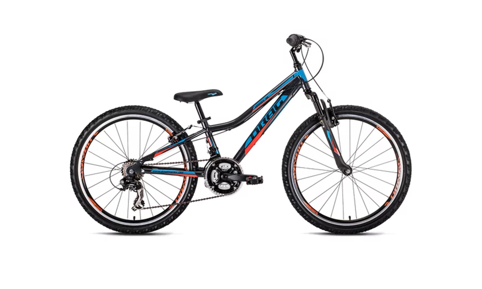 Children's black mountain bike with red and blue accents, featuring a sturdy frame, 21-speed gear, and rugged tires, conveying an adventurous feel.