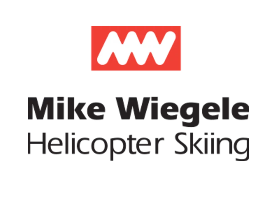 Das Logo für „Mike Wiegele Helicopter Skiing“ besteht aus einem roten Quadrat mit einem weißen stilisierten „MW“ darüber und vermittelt Abenteuer und Luxus-Skifahren.